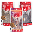 Protein-Packed Dog Treat Combo - Natural Beef Crisps, Premium Beef Jerky, and Odor Free USA Bully Sticks,with Some Extra Color.