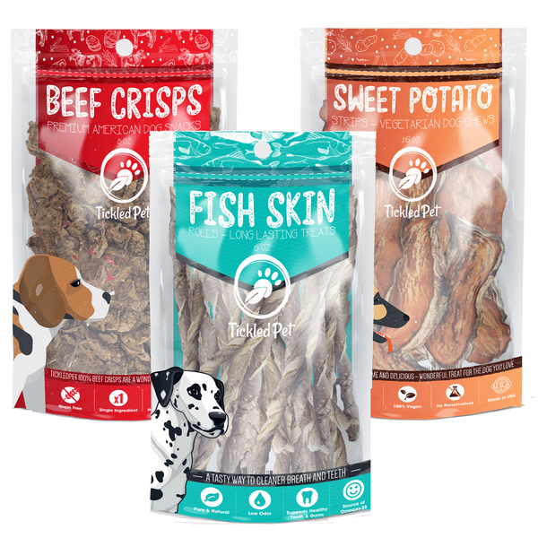 Surf & Turf Dog Treat Combo - Natural Beef Lung Crisps, American Sweet Potato Strips, and Long lasting Cod Skin Rolls